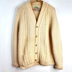VTG 70s Bainin Glen Abbey Wool Fisherman Cardigan Sweater L Ireland Cream Aran